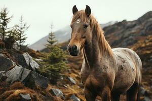 uma cavalo é em pé dentro a meio do alguns pedras generativo ai foto