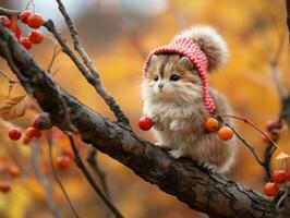 uma gatinho com uma vermelho chapéu sentado em uma árvore ramo generativo ai foto