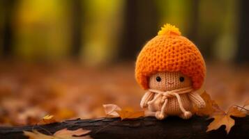 uma tricotado boneca vestindo a laranja chapéu senta em uma registro generativo ai foto