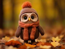 uma tricotado coruja vestindo uma cachecol e chapéu dentro a outono generativo ai foto