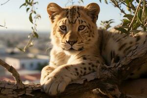 uma leopardo é sentado em uma ramo dentro frente do uma cidade generativo ai foto