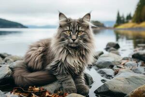 uma grandes cabelos gato sentado em pedras perto uma corpo do água generativo ai foto