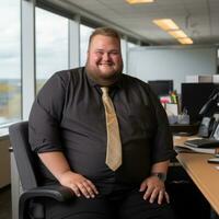 uma homem dentro uma Preto camisa e gravata sentado dentro a escritório generativo ai foto