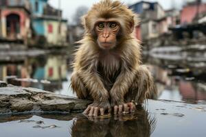 uma macaco sentado em a Beira do a água dentro frente do casas generativo ai foto