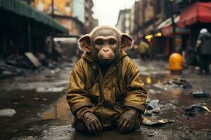 uma macaco sentado dentro a meio do uma cidade rua generativo ai foto