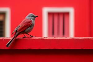 uma vermelho pássaro sentado em uma borda com uma vermelho parede dentro a fundo generativo ai foto