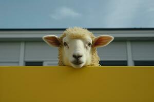 uma ovelha espreitar Fora a partir de atrás uma amarelo parede generativo ai foto