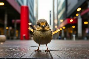 uma pequeno pássaro é em pé em uma calçada dentro uma cidade generativo ai foto