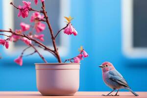 uma pequeno pássaro sentado em uma mesa Próximo para uma flor Panela generativo ai foto