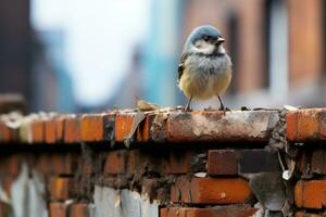 uma pequeno pássaro sentado em topo do uma tijolo parede generativo ai foto
