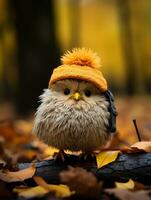 uma pequeno pássaro vestindo a laranja chapéu senta em uma registro generativo ai foto