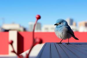 uma pequeno azul pássaro em pé em uma borda generativo ai foto