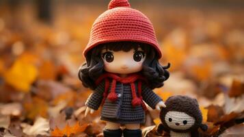 uma pequeno boneca vestindo uma vermelho chapéu e casaco em pé dentro a folhas generativo ai foto