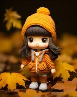 uma pequeno boneca vestindo a laranja suéter e chapéu generativo ai foto