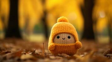 uma pequeno tricotado brinquedo dentro uma amarelo encapuzado suéter em pé dentro a meio do uma pilha do caído folhas generativo ai foto