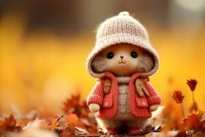 uma pequeno recheado animal vestindo uma Rosa casaco e chapéu dentro a outono folhas generativo ai foto