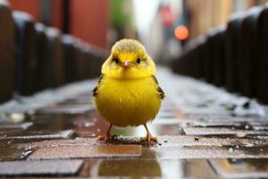 uma pequeno amarelo pássaro em pé em uma tijolo passarela generativo ai foto