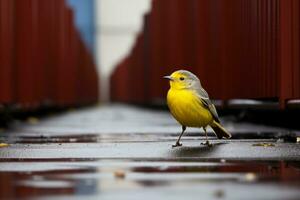 uma pequeno amarelo pássaro em pé em uma passarela generativo ai foto