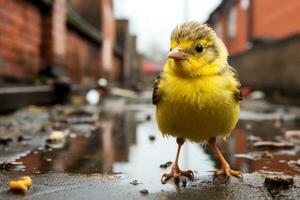 uma pequeno amarelo pássaro em pé em uma molhado rua generativo ai foto