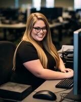 uma sorridente mulher dentro óculos sentado às uma escrivaninha dentro frente do uma computador generativo ai foto
