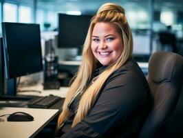 uma sorridente mulher sentado às uma escrivaninha dentro frente do uma computador generativo ai foto