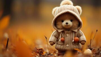 uma Urso de pelúcia Urso vestindo uma suéter dentro a outono folhas generativo ai foto