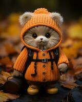 uma Urso de pelúcia Urso vestindo a laranja casaco e mochila generativo ai foto