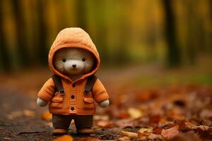 uma Urso de pelúcia Urso vestindo a laranja Jaqueta em pé dentro a meio do a outono floresta generativo ai foto