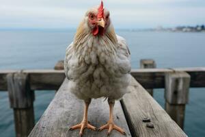 uma branco e vermelho galo em pé em uma de madeira cais generativo ai foto