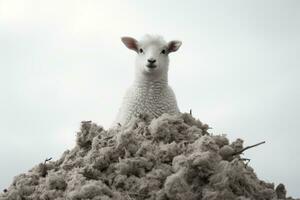uma branco ovelha é em pé em topo do uma pilha do lã generativo ai foto