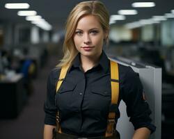 uma mulher dentro uma Preto camisa e suspensórios em pé dentro a escritório generativo ai foto