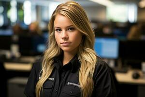 uma mulher dentro uma Preto uniforme em pé dentro frente do uma computador tela generativo ai foto