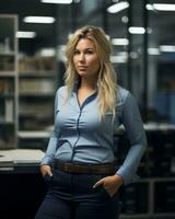 uma mulher dentro uma azul camisa e calça em pé dentro a escritório generativo ai foto