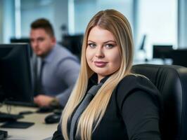 uma mulher dentro uma o negócio terno sentado dentro frente do uma computador generativo ai foto