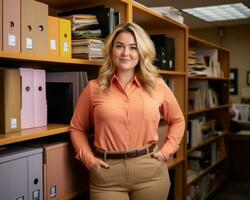 uma mulher dentro a laranja camisa e cáqui calça em pé dentro frente do uma estante de livros generativo ai foto