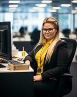 uma mulher dentro óculos sentado às uma escrivaninha dentro frente do uma computador generativo ai foto