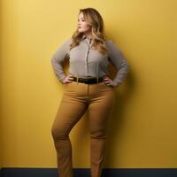 uma mulher em pé dentro frente do uma amarelo parede com dela mãos em dela ancas generativo ai foto