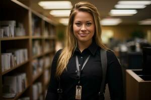 uma mulher vestindo uma Preto camisa e suspensórios em pé dentro frente do estantes de livros generativo ai foto