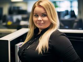 uma mulher com grandes Loiras cabelo em pé dentro frente do uma computador generativo ai foto