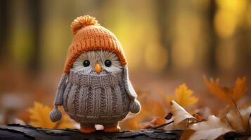a adorável pequeno coruja vestindo uma tricotado chapéu dentro a outono generativo ai foto