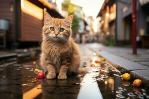 a laranja malhado gato sentado em uma poça do água generativo ai foto