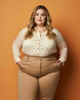 a excesso de peso mulher dentro bronzeado calça e uma branco blusa generativo ai foto