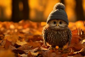 a coruja vestindo uma chapéu senta em a terra cercado de outono folhas generativo ai foto