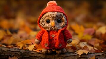 a coruja vestindo uma vermelho suéter e chapéu senta em uma ramo dentro a outono generativo ai foto
