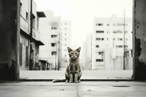 Preto e branco foto do uma gato sentado dentro a beco generativo ai