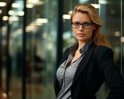 retrato do uma o negócio mulher com óculos em pé dentro a escritório generativo ai foto