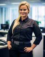 retrato do o negócio mulher dentro Preto camisa e Preto calça em pé dentro a escritório com dela mãos em dela ancas generativo ai foto