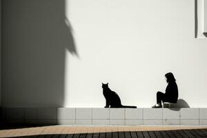 silhueta do uma mulher sentado em uma parede com uma Preto gato generativo ai foto