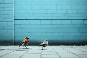 dois pássaros em pé em uma tijolo passarela dentro frente do uma azul parede generativo ai foto