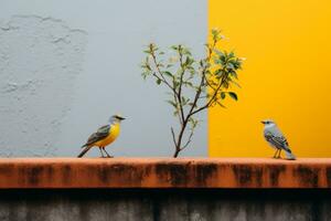 dois pássaros em pé Próximo para uma plantar dentro frente do uma amarelo e laranja parede generativo ai foto